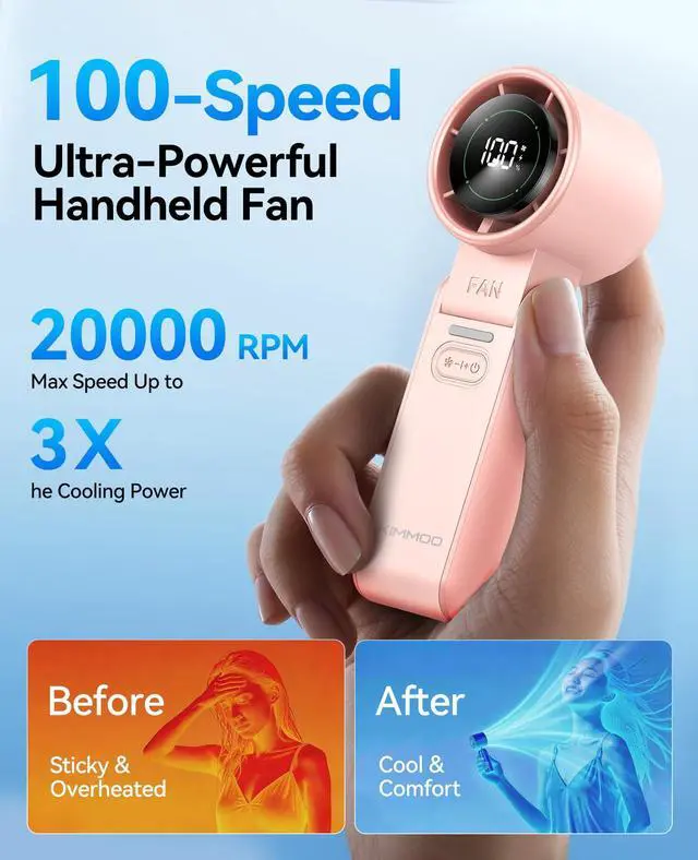 Alt view image 3 of 7 - 3-in-1 Portable Handheld Turbo Fan-100 Speeds,Powerful 20000 RPM, 12Hrs Cooling, LED Display, 120° Rotation, USB Rechargeable Mini Hand Held Personal Fan for Travel Makeup Outdoor Indoor, Pink