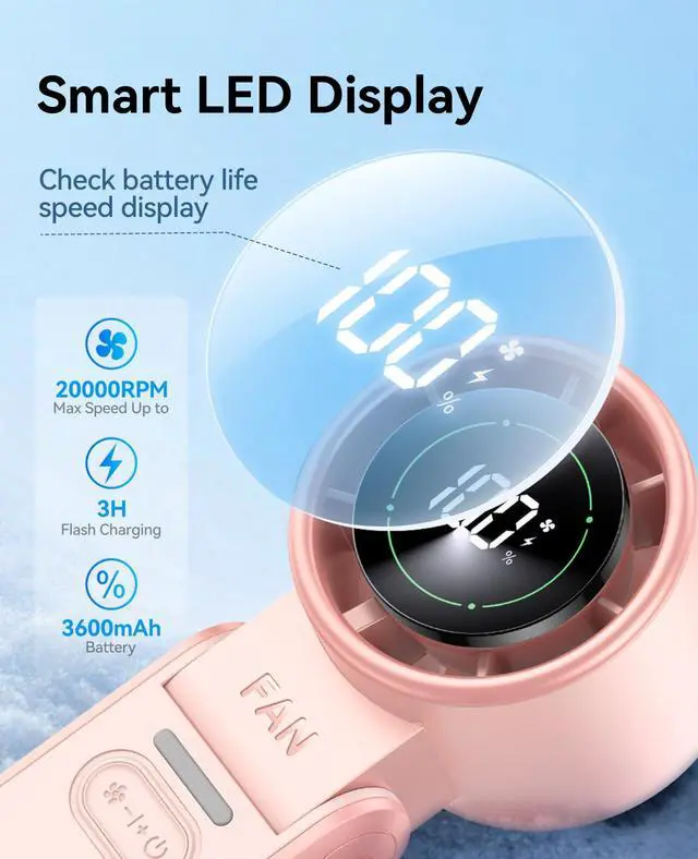 Alt view image 6 of 7 - 3-in-1 Portable Handheld Turbo Fan-100 Speeds,Powerful 20000 RPM, 12Hrs Cooling, LED Display, 120° Rotation, USB Rechargeable Mini Hand Held Personal Fan for Travel Makeup Outdoor Indoor, Pink