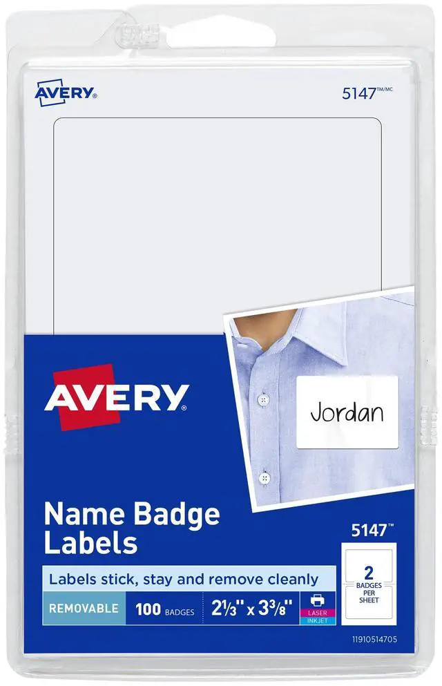 Main image of Customizable Name Tags, 2-1/3" x 3-3/8", White, 100 Removable Name Badges (05147)