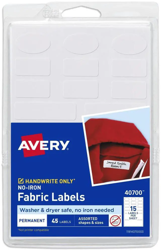 Main image of No-Iron Fabric Labels, Assorted Shapes and Sizes, Washer and Dryer-Safe Waterproof Labels, Non-Printable, 45 Total (40700)