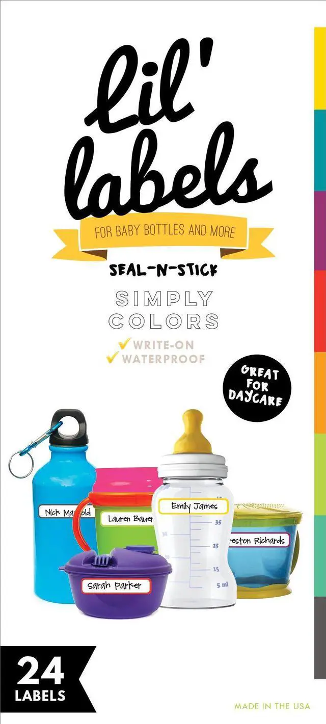Main image of Food Pantry Label, Write-On, Self-Laminating, Waterproof Kids Name Labels for Baby Bottles for Daycare School, Dishwasher, Freezer, Kitchen Safe (Simply Colors - Rainbow Inspired)