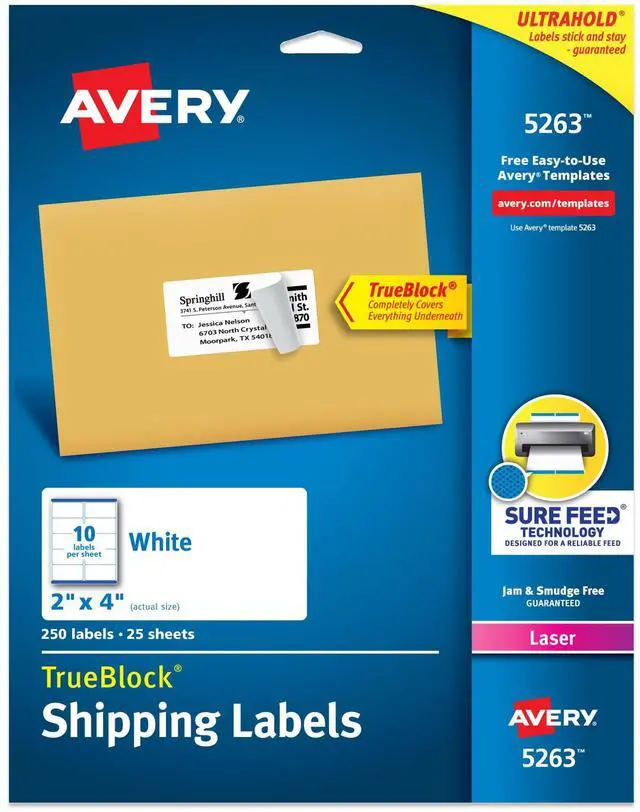 Main image of Printable Shipping Labels with Sure Feed, 2" x 4" Customizable Stickers, White, 250 Blank Mailing Labels, Great for Mailing, Shipping, and More (5263)