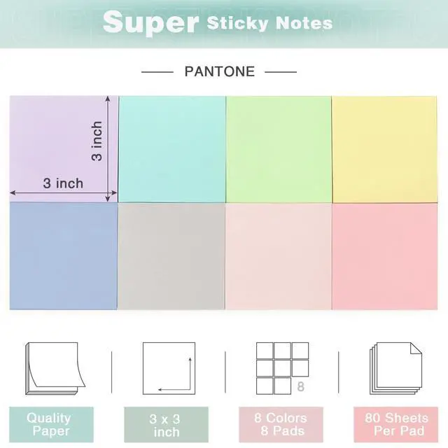 Alt view image 2 of 7 - Sticky Notes 3x3 Inch, 8 Pads, Light Colors Self-Adhesive, 80 Sheets/Pad