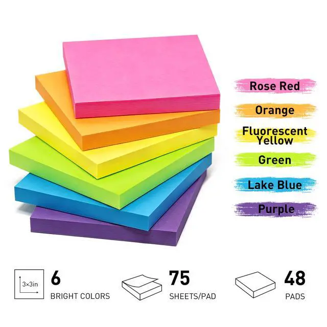 Alt view image 3 of 7 - (3600 Sheets) Sticky Notes 3x3 Inch, 48 Pads, 75 Sheets/Pad, 6 Colors