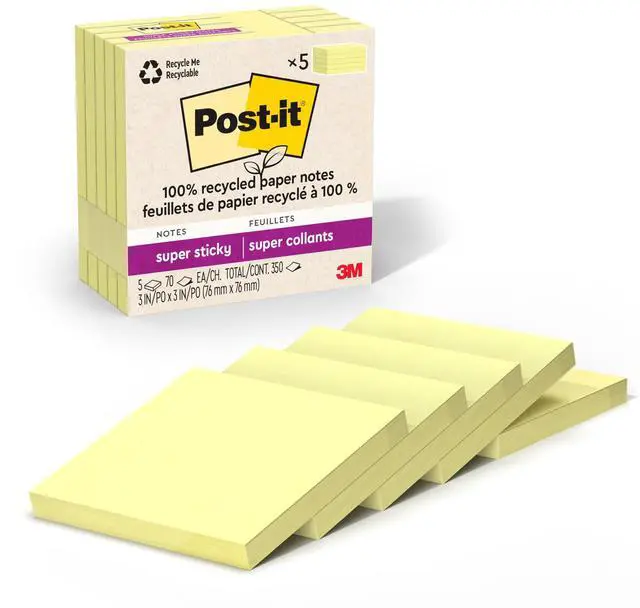 Main image of 100% Recycled Super Sticky Notes, 3 x 3 in, Canary Yellow, 5 Pads