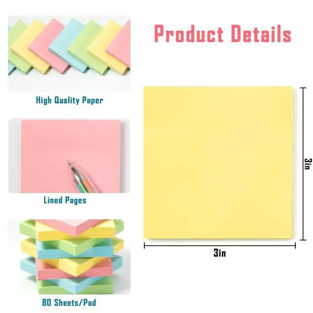 Alt view image 2 of 7 - Sticky Notes 3x3 Inches Bulk 36 Pack 3600 Sheets Colored Self-Stick Pads, 100 Sheets/Pad, 4 Bright Colors (Yellow, Green, Pink, Blue) for Office Supplies, School, Home