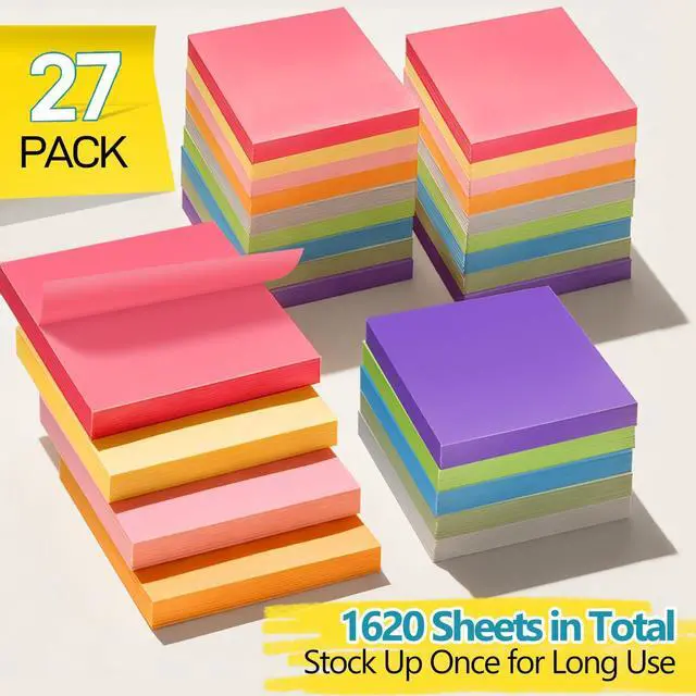 Alt view image 3 of 7 - 27 Pack of 3x3 Inch Sticky Notes Self-Stick Memo Pads - 1620 Sheets in Total! Great for Home, Office & School