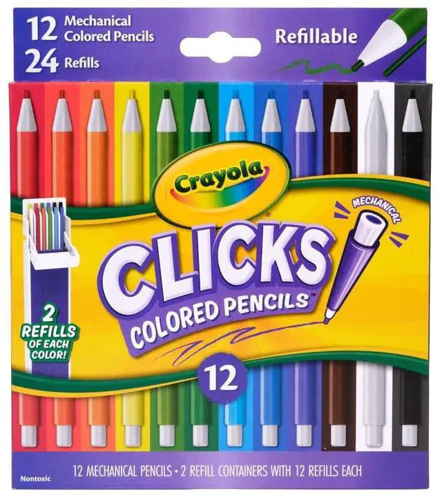 Main image of Clicks 2.0mm Mechanical Colored Pencil Set, 12 Assorted Colors, Coloring Pencils for Kids, No Sharpen, 24 Replacement Cores, Ages 5+