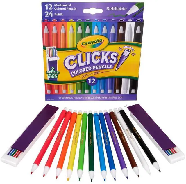 Alt view image 2 of 6 - Clicks 2.0mm Mechanical Colored Pencil Set, 12 Assorted Colors, Coloring Pencils for Kids, No Sharpen, 24 Replacement Cores, Ages 5+