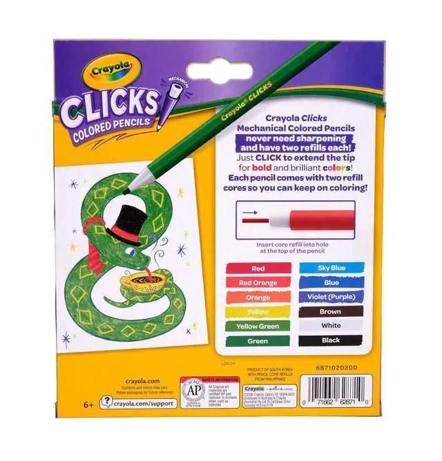 Alt view image 6 of 6 - Clicks 2.0mm Mechanical Colored Pencil Set, 12 Assorted Colors, Coloring Pencils for Kids, No Sharpen, 24 Replacement Cores, Ages 5+