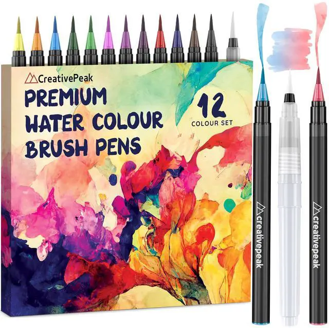 Main image of Watercolor Brush Pens - 12 Vibrant Soft Tip Coloring Markers with Blending Brush - Premium Art Supplies for Calligraphy, Lettering, Coloring & Journaling