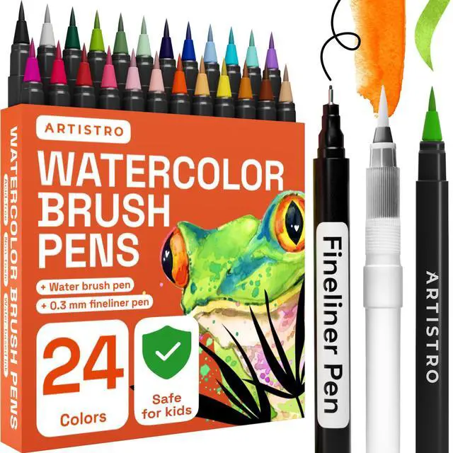 Main image of 24 Watercolor Markers with Flexible Paint Brush Pens for Pros & Beginners - Consistent, Smooth, Bright, Washable, Non-Toxic, Ideal for Coloring, Calligraphy, & Manga