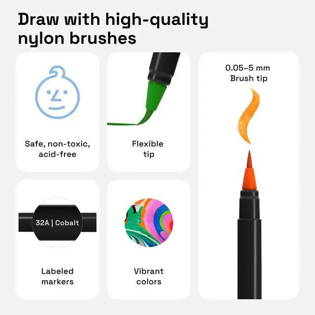 Alt view image 3 of 7 - 24 Watercolor Markers with Flexible Paint Brush Pens for Pros & Beginners - Consistent, Smooth, Bright, Washable, Non-Toxic, Ideal for Coloring, Calligraphy, & Manga