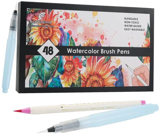 Main image of Watercolor Pens,Set of 48, Real Brush Pens Watercolor Markers and 2 Water Brush,Online Tutorial Video for Coloring Books, Calligraphy(48 Colors)