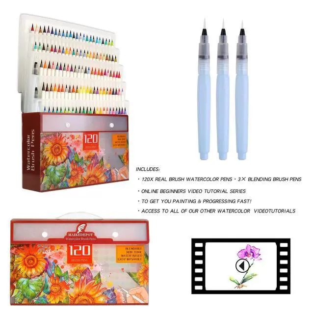 Alt view image 6 of 7 - Watercolor Pens,Set of 48, Real Brush Pens Watercolor Markers and 2 Water Brush,Online Tutorial Video for Coloring Books, Calligraphy(48 Colors)