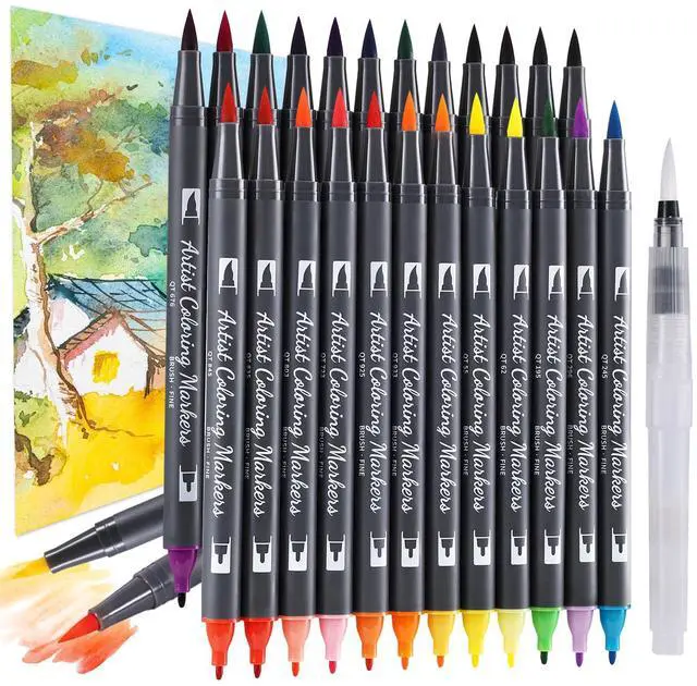 Main image of 24 Colors Blendable Watercolor Markers for Adults 2026 Professional Double Tip Paint Pens with 1 Water Brush Pen Water Based Coloring Pens Drawing Markers Set with Flexible Brush Tip