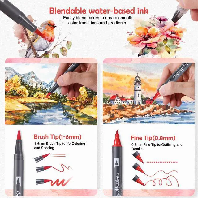 Alt view image 4 of 6 - 24 Colors Blendable Watercolor Markers for Adults 2026 Professional Double Tip Paint Pens with 1 Water Brush Pen Water Based Coloring Pens Drawing Markers Set with Flexible Brush Tip