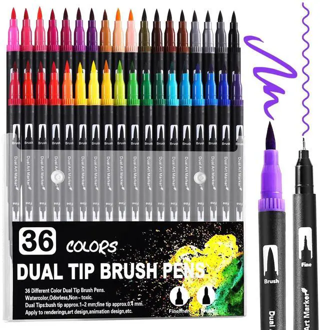 Main image of 36 Colors Dual Tip Watercolor Markers Pens for School Supplies-Brush & Fine