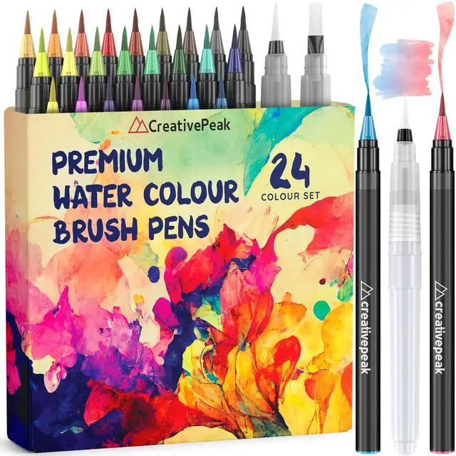 Main image of Watercolor Brush Pens - 24 Vibrant Soft Tip Coloring Markers with 2 Blending Brushes - Premium Art Supplies for Calligraphy, Lettering, Coloring & Journaling