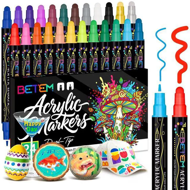 Main image of 24 Colors Dual Tip Acrylic Paint Markers, Fabric Decorating Kits