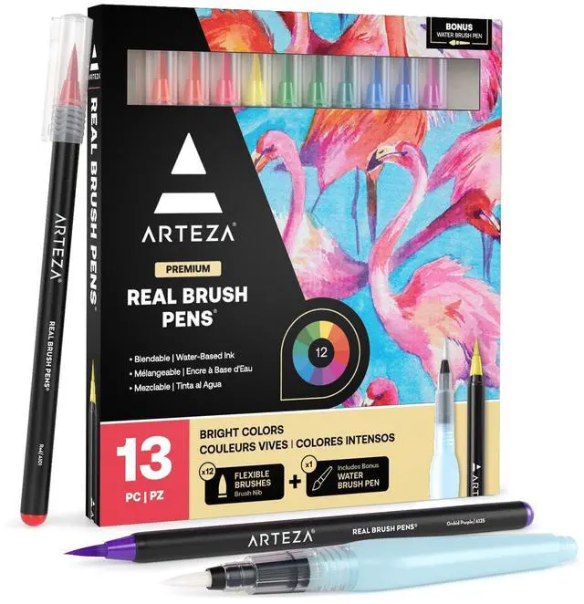 Main image of Real Brush Pens, Set of 12, Bright Tones, Blendable Watercolor Markers and 1 Water Brush, Art Supplies for School, Home, and Office