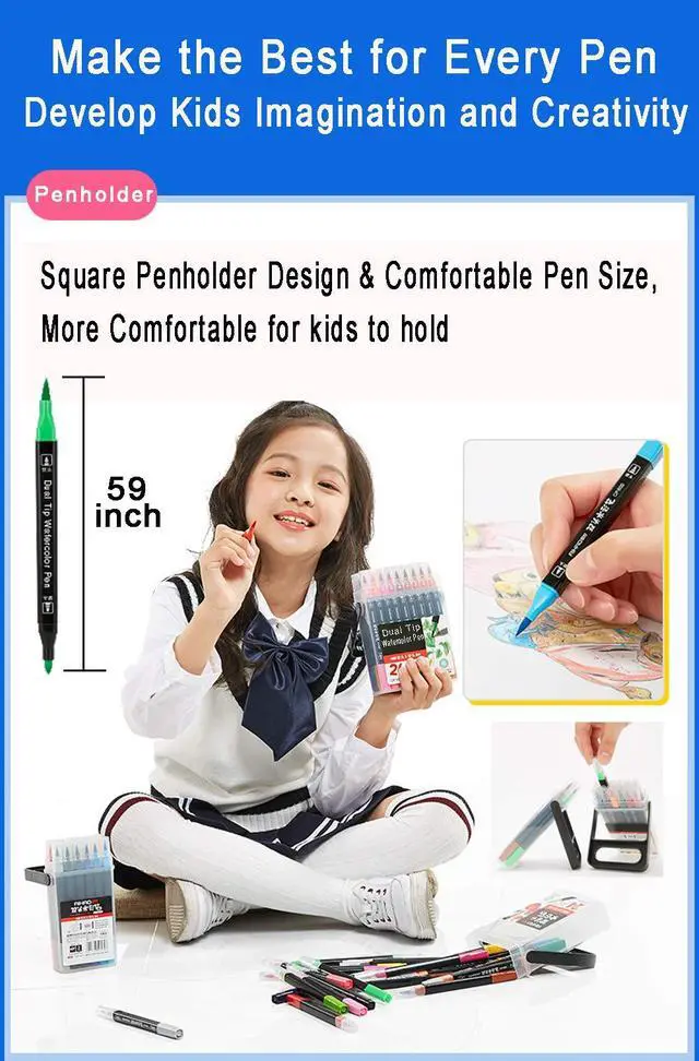 Alt view image 4 of 7 - Dual Tip Markers for Kids, Washable Markers Set, Art Marker with Stand Portable Box, Gift For Kids (24 Colours)