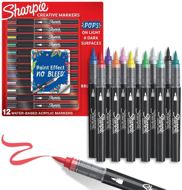 Main image of Creative Markers, Water-Based Acrylic, Brush Tip, Assorted Colors, 12 Count Arts & Crafts, Kids Activity, School Classroom; Works on Paper, Metal, Wood, Ceramic, Glass, Rock, Canvas