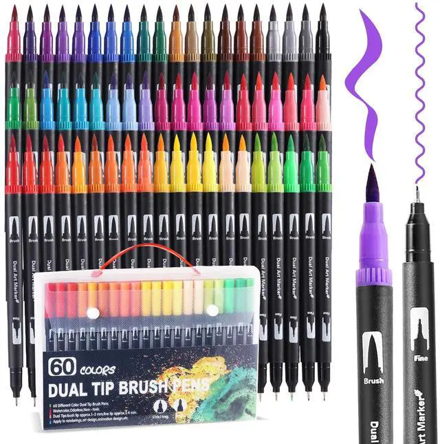 Main image of 60 Colors Dual Tip Watercolor Markers Pens for School Supplies-Brush & Fine