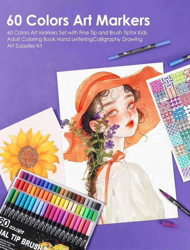 Alt view image 6 of 7 - 60 Colors Dual Tip Watercolor Markers Pens for School Supplies-Brush & Fine