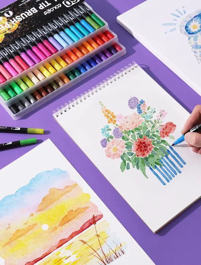 Alt view image 7 of 7 - 60 Colors Dual Tip Watercolor Markers Pens for School Supplies-Brush & Fine
