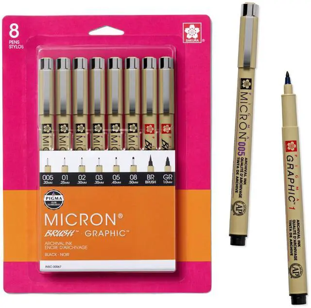 Main image of Pigma Micron, Graphic & Brush Fineline Pens, Archival Black Ink, 8 PK 30067