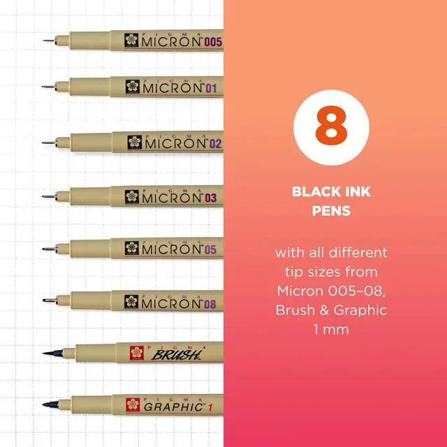 Alt view image 2 of 6 - Pigma Micron, Graphic & Brush Fineline Pens, Archival Black Ink, 8 PK 30067