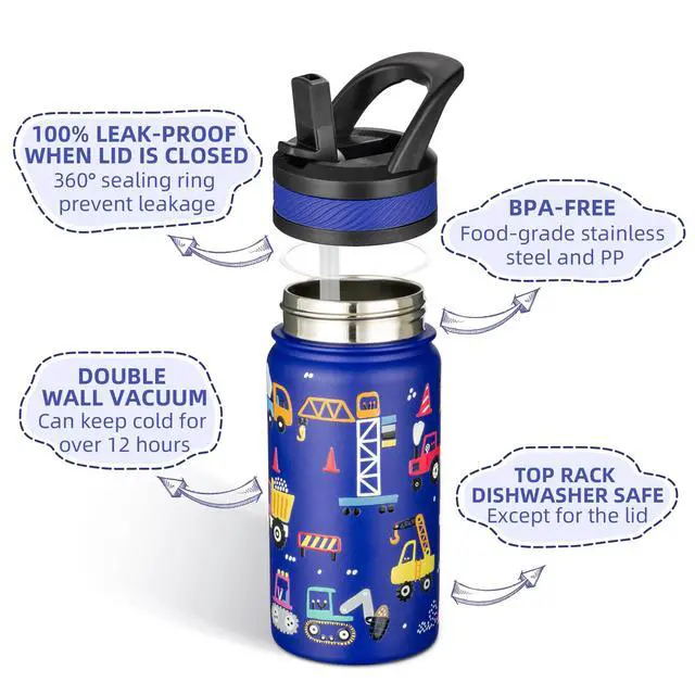 Alt view image 2 of 6 - 14 oz Kids Water Bottle for School, Insulated Water Bottle with Straw Lid, Stainless Steel Vacuum Insulated Bottle for Boys & Girls, Leak-Proof, BPA Free(Blue - Under Construction)