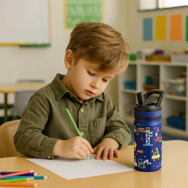 Alt view image 5 of 6 - 14 oz Kids Water Bottle for School, Insulated Water Bottle with Straw Lid, Stainless Steel Vacuum Insulated Bottle for Boys & Girls, Leak-Proof, BPA Free(Blue - Under Construction)