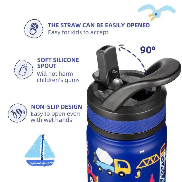 Alt view image 3 of 6 - 14 oz Kids Water Bottle for School, Insulated Water Bottle with Straw Lid, Stainless Steel Vacuum Insulated Bottle for Boys & Girls, Leak-Proof, BPA Free(Blue - Under Construction)