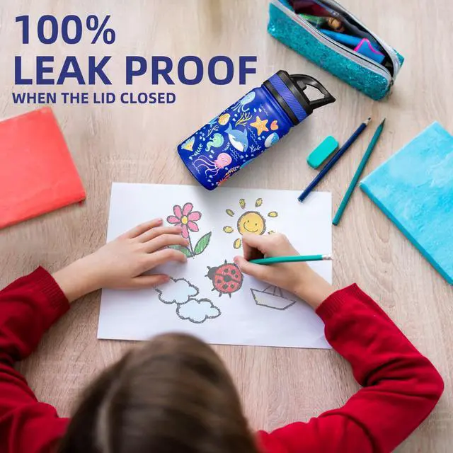 Alt view image 4 of 6 - 14 oz Kids Water Bottle for School, Insulated Water Bottle with Straw Lid, Stainless Steel Vacuum Insulated Bottle for Boys & Girls, Leak-Proof, BPA Free(Blue - Under Construction)