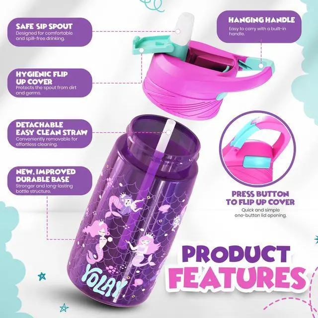 Alt view image 2 of 7 - Kids Water Bottle with Straw, 15 oz, Mermaid