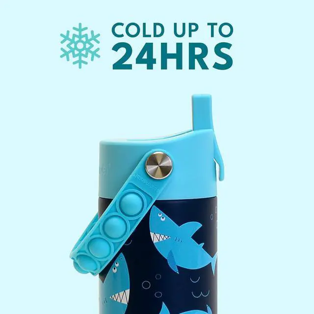 Alt view image 3 of 7 - Insulated Kids Water Bottle, Stainless Steel Water Bottle with Straw Lid & Pop-It Handle, Leak-Proof Water Bottles for School, Boys or Girls, Travelling and Sports, 18oz - Sharks Ahoy