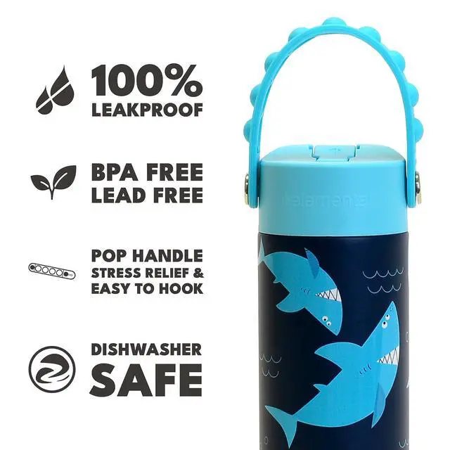 Alt view image 5 of 7 - Insulated Kids Water Bottle, Stainless Steel Water Bottle with Straw Lid & Pop-It Handle, Leak-Proof Water Bottles for School, Boys or Girls, Travelling and Sports, 18oz - Sharks Ahoy
