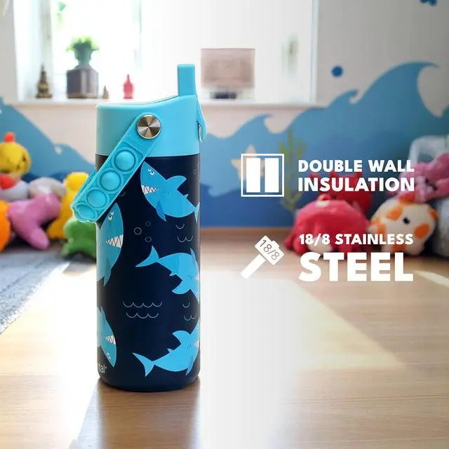 Alt view image 6 of 7 - Insulated Kids Water Bottle, Stainless Steel Water Bottle with Straw Lid & Pop-It Handle, Leak-Proof Water Bottles for School, Boys or Girls, Travelling and Sports, 18oz - Sharks Ahoy