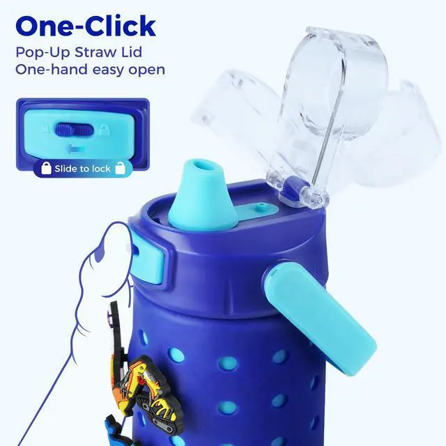Alt view image 2 of 7 - Kids Water Bottle for School 12 oz,Kids Vacuum Insulated Stainless Steel Water Bottles,Toddler Boy Water Bottle for School with Leak Proof Locking Lid(Ocean Blue)