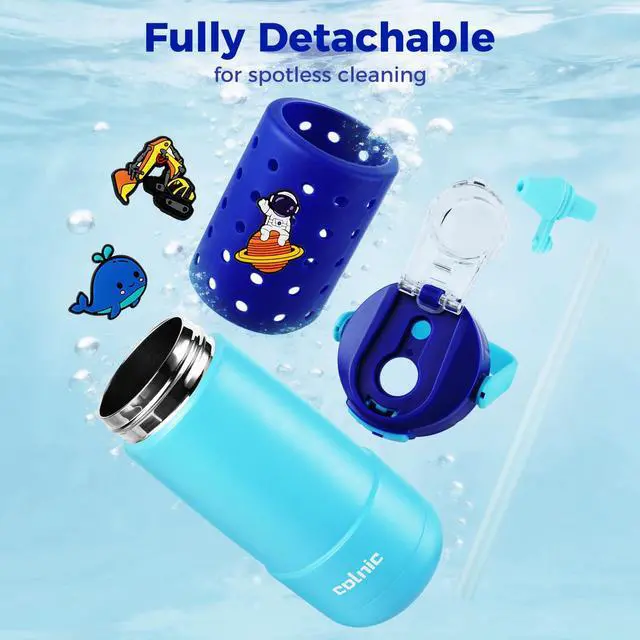 Alt view image 3 of 7 - Kids Water Bottle for School 12 oz,Kids Vacuum Insulated Stainless Steel Water Bottles,Toddler Boy Water Bottle for School with Leak Proof Locking Lid(Ocean Blue)