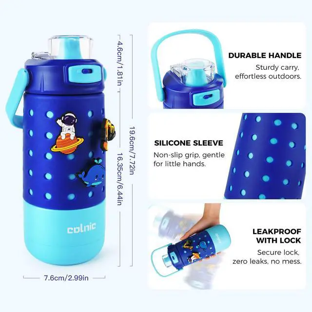Alt view image 5 of 7 - Kids Water Bottle for School 12 oz,Kids Vacuum Insulated Stainless Steel Water Bottles,Toddler Boy Water Bottle for School with Leak Proof Locking Lid(Ocean Blue)