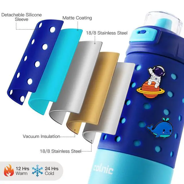 Alt view image 6 of 7 - Kids Water Bottle for School 12 oz,Kids Vacuum Insulated Stainless Steel Water Bottles,Toddler Boy Water Bottle for School with Leak Proof Locking Lid(Ocean Blue)