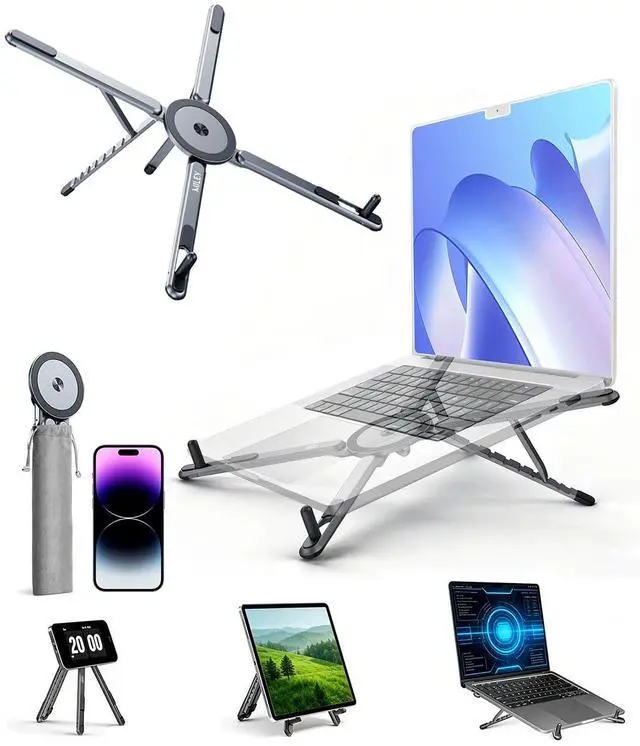 Main image of Laptop Stand for Desk, 8-Level Adjustable, Magnetic Phone Mount Gray