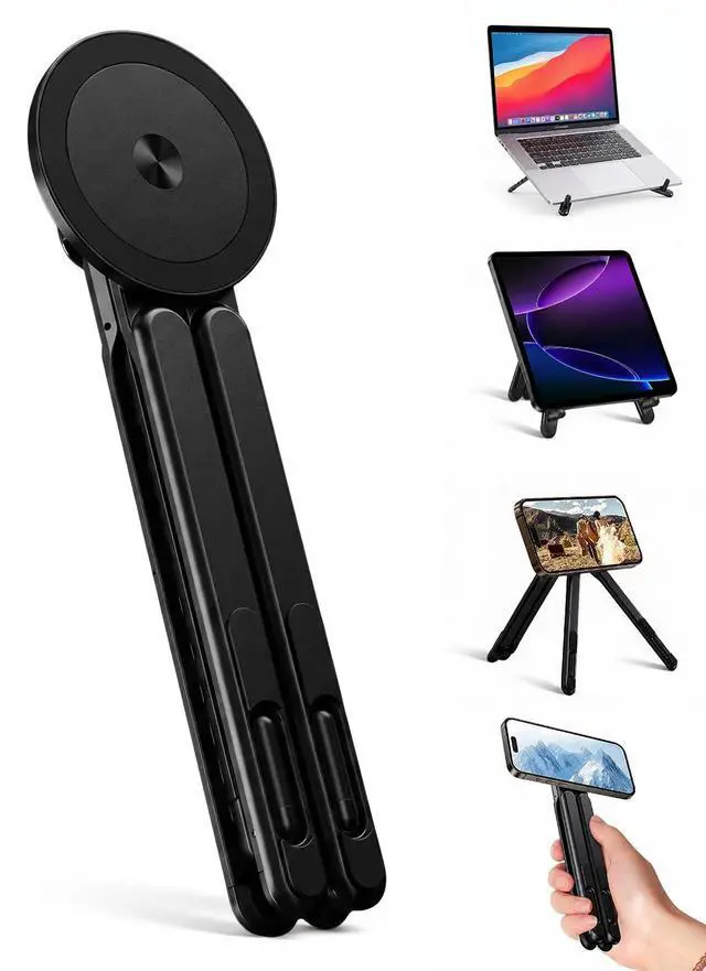 Main image of Magnetic Phone Stand & Foldable Laptop Riser, Matte Black Multi-Device Aluminum Desk Mount, N52 MagSafe Tripod Grip for Travel Office, Ergonomic Elevator for MacBook, iPad & iPhone