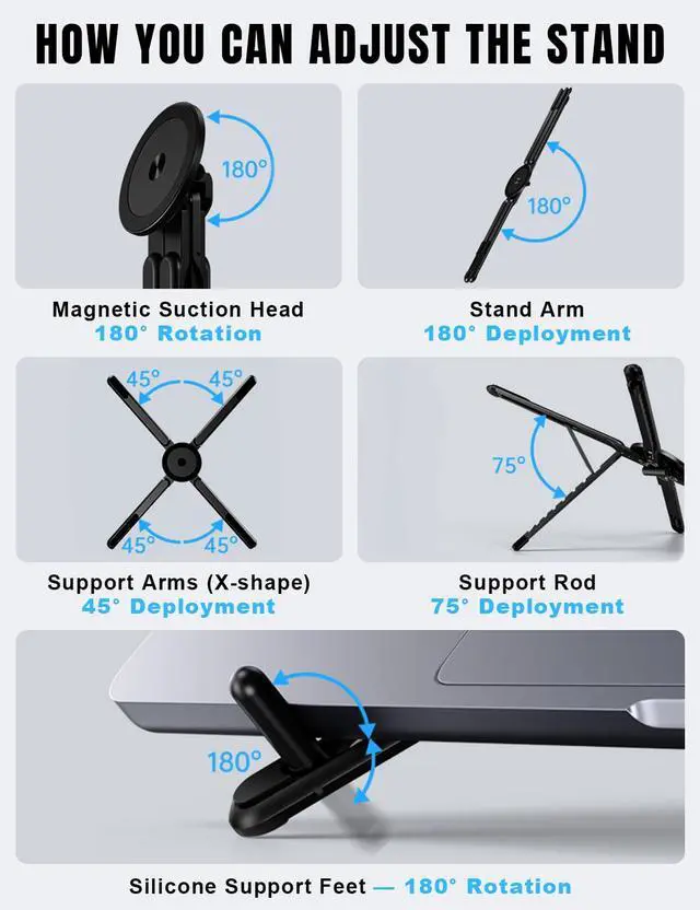 Alt view image 2 of 7 - Magnetic Phone Stand & Foldable Laptop Riser, Matte Black Multi-Device Aluminum Desk Mount, N52 MagSafe Tripod Grip for Travel Office, Ergonomic Elevator for MacBook, iPad & iPhone