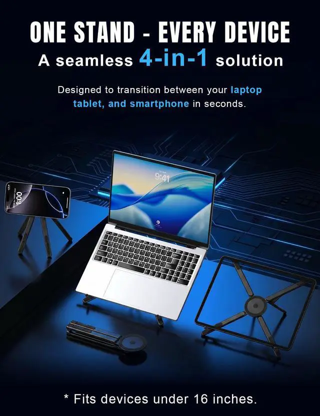 Alt view image 3 of 7 - Magnetic Phone Stand & Foldable Laptop Riser, Matte Black Multi-Device Aluminum Desk Mount, N52 MagSafe Tripod Grip for Travel Office, Ergonomic Elevator for MacBook, iPad & iPhone