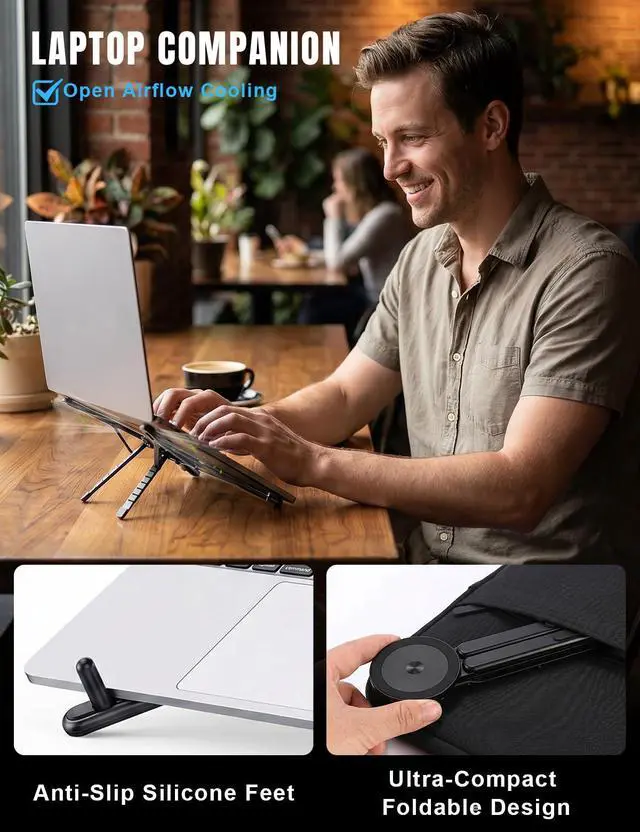 Alt view image 6 of 7 - Magnetic Phone Stand & Foldable Laptop Riser, Matte Black Multi-Device Aluminum Desk Mount, N52 MagSafe Tripod Grip for Travel Office, Ergonomic Elevator for MacBook, iPad & iPhone