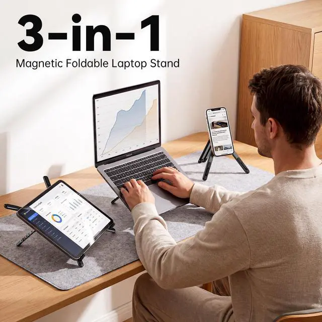 Alt view image 2 of 7 - Portable Laptop Stand, 3-in-1 Magnetic Foldable Adjustable, for DeskBlack
